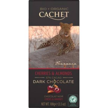 TABLETA DE CHOCOLATE NEGRO CON CEREZAS Y ALMENDRAS 57 90GR CACHET